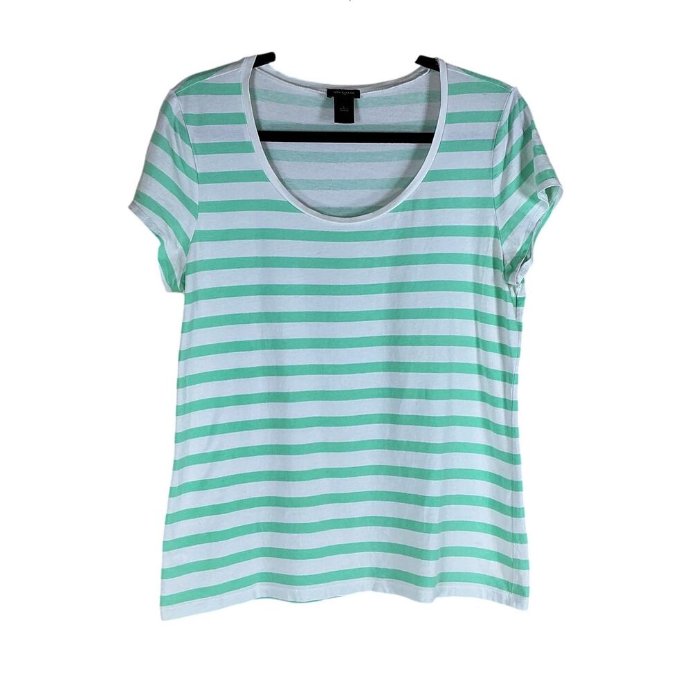 Ann Taylor T-Shirt Women’s Large Green White Striped Scoop Neck Lightweight Tee